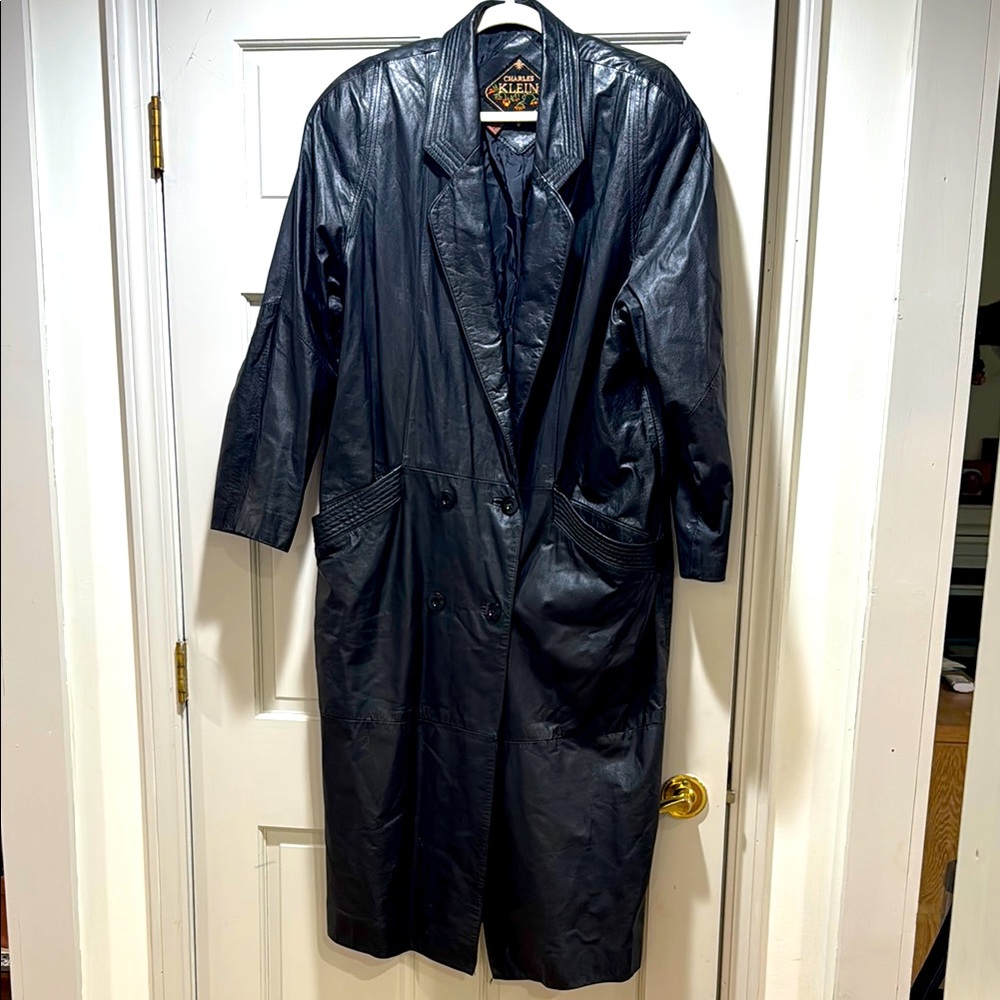 Vintage Charles Klein Leather Long Black trench Jacket